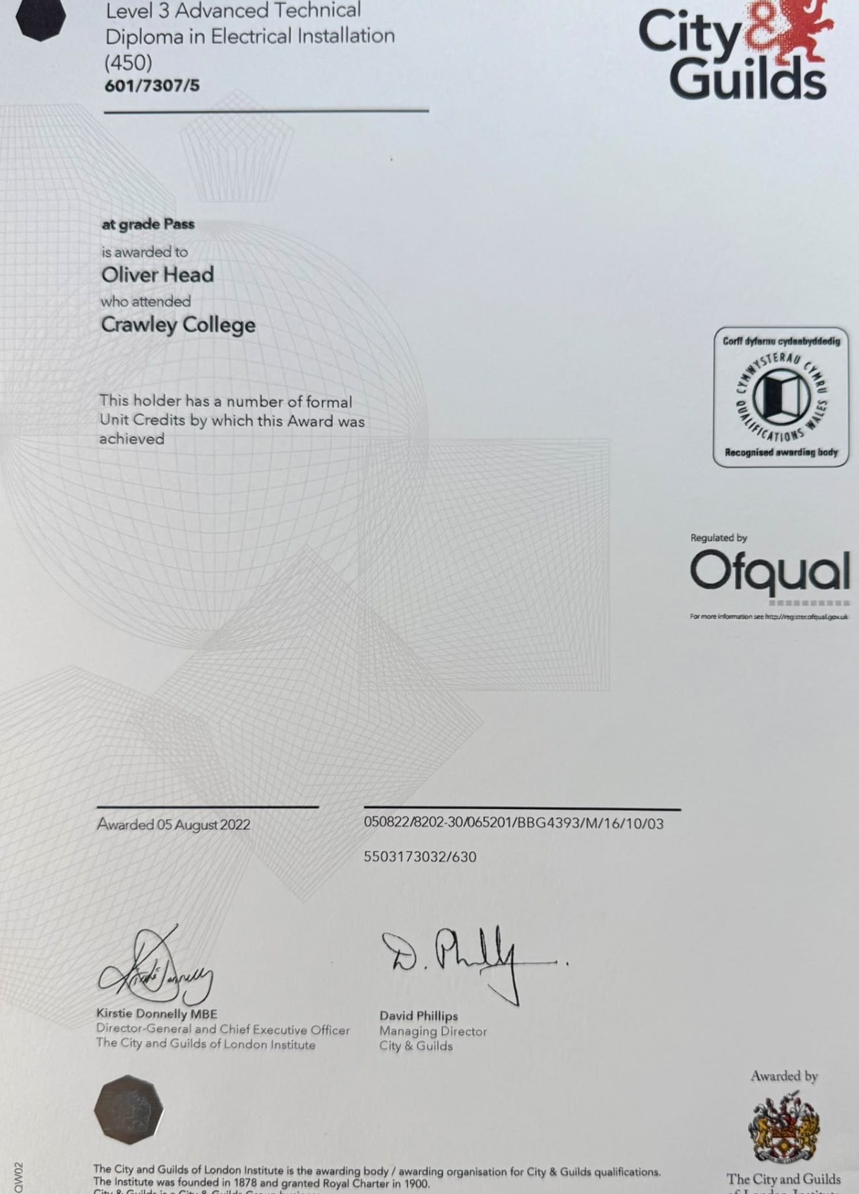 Ollie's City & Guilds Level 3 Advanced Technical Diploma in Electrical Installation certificate
