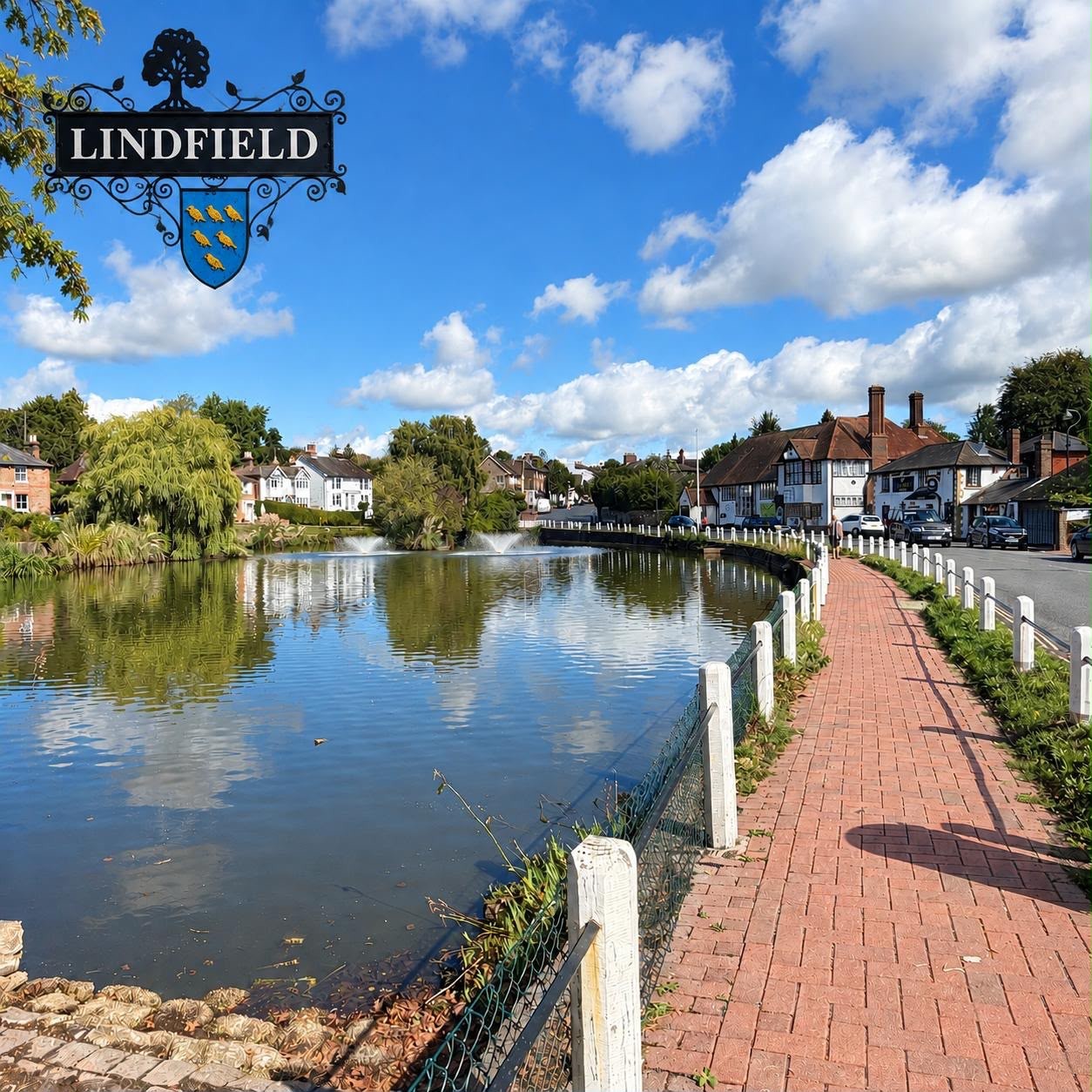 The Lindfield village pond and ornate village sign on a sunny day