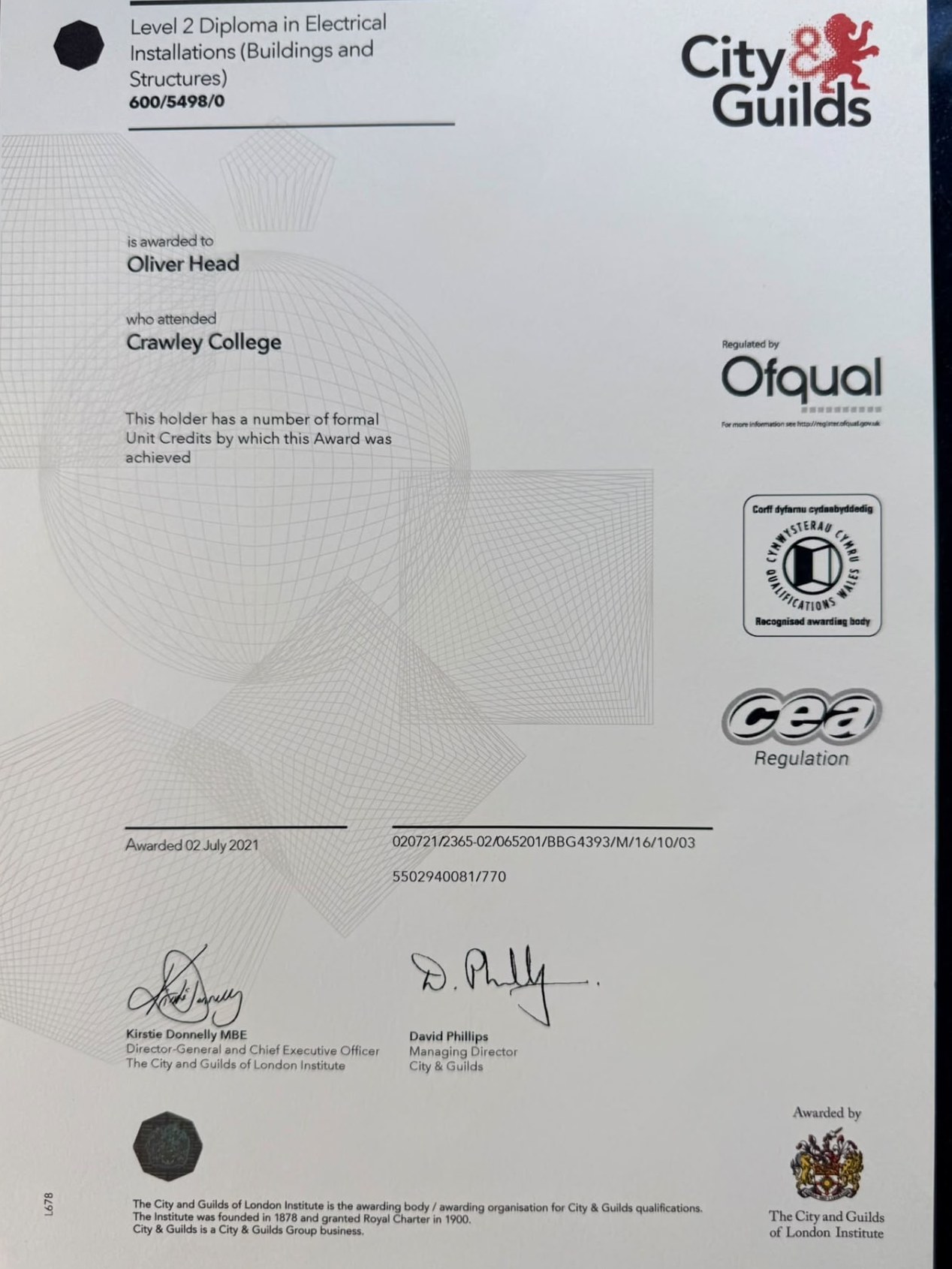 Ollie's City & Guilds Level 2 Diploma in Electrical Installations certificate